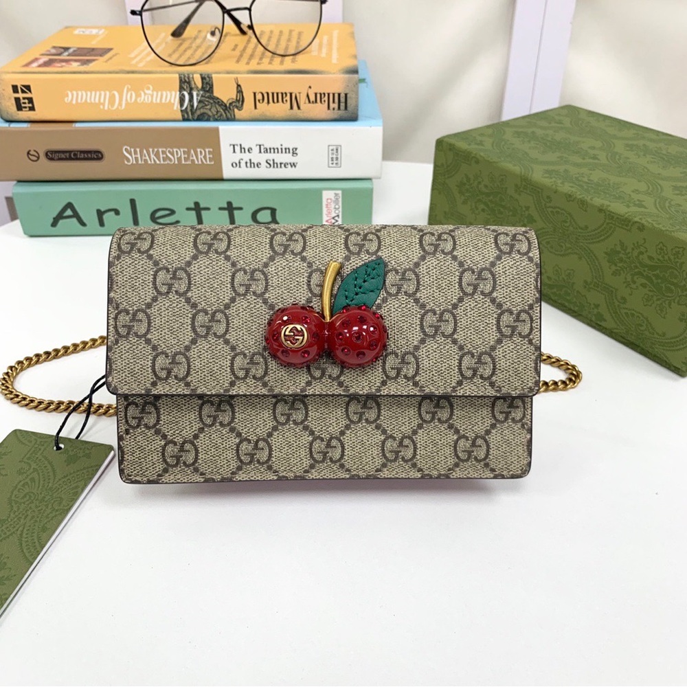 Gucci Beige GG Supreme Wallet with Red Cherry Accent